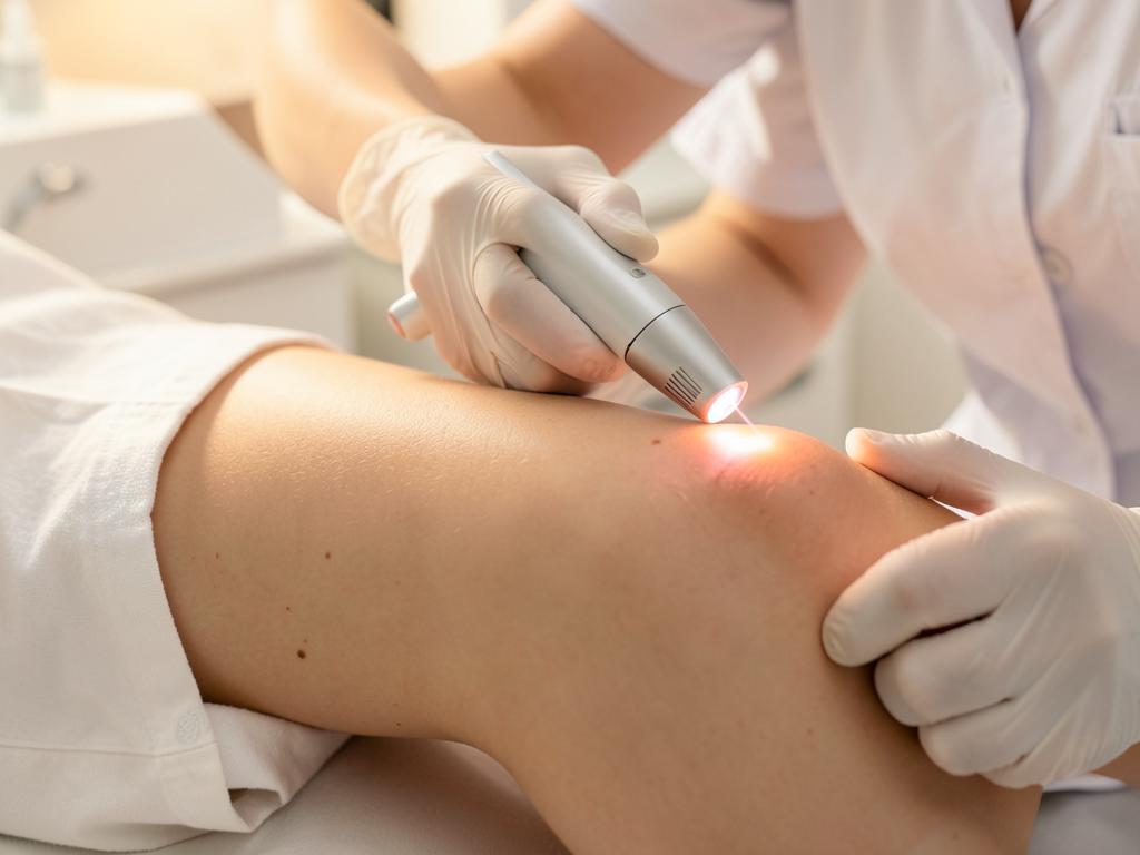 Laser hair removal treatment on a client's leg