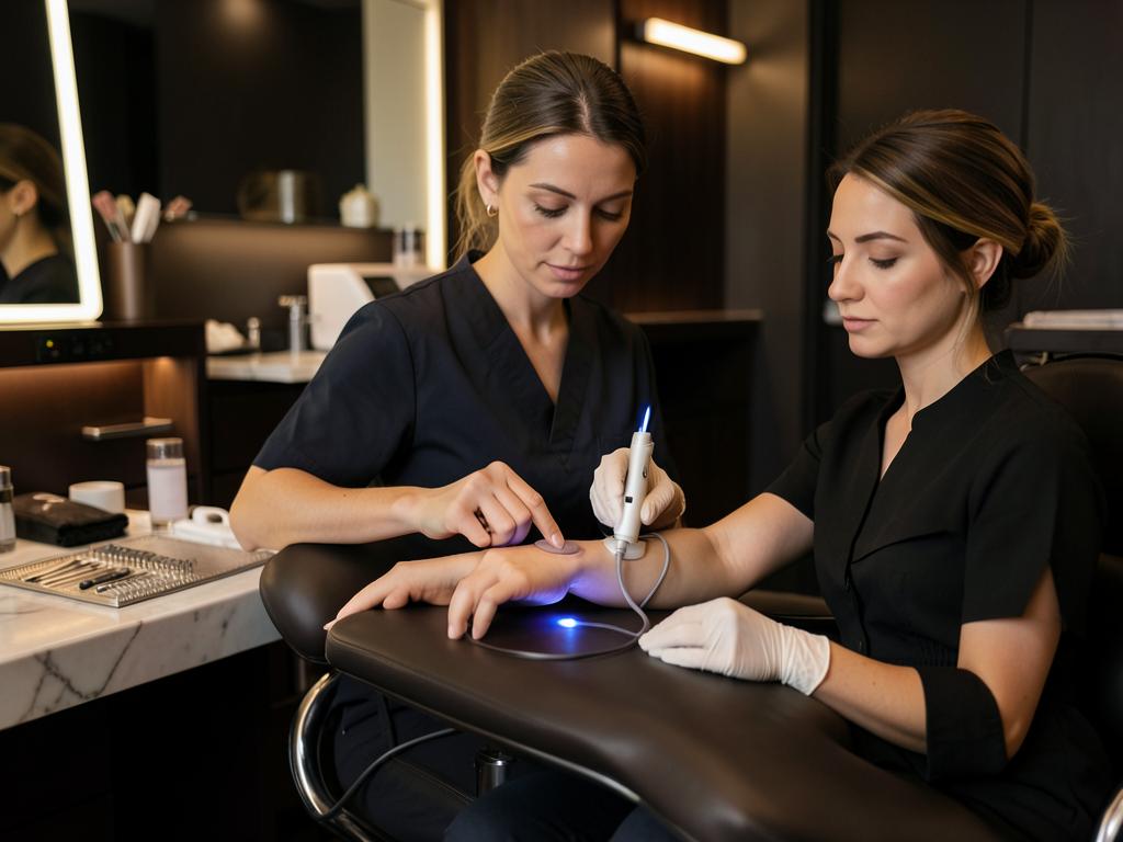 Practitioner carrying out a free patch test on a client's forearm